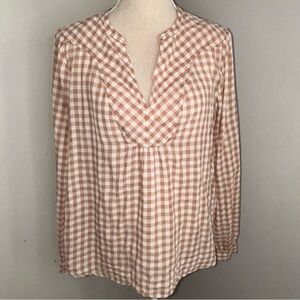 Holding Horses Anthropologie camel brown white gingham check peasant blouse sz12